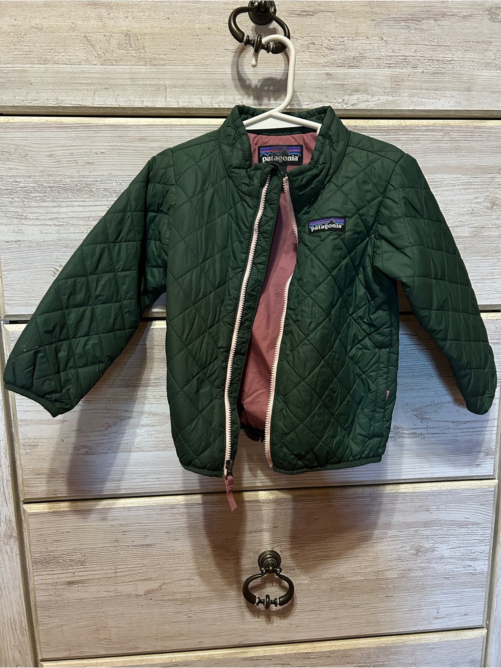 Patagonia Kids Green Quilted Puffer with Pink Lining